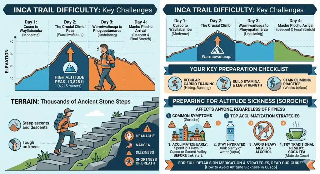 Inca Trail difficulty chart showing the elevation profile up to Dead Woman's Pass and altitude sickness prevention guidelines.