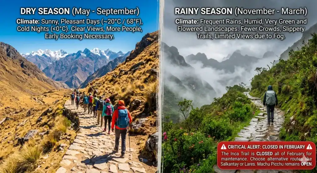 Inca Trail seasonal chart breaking down the dry season, rainy season, and the critical February maintenance closure.