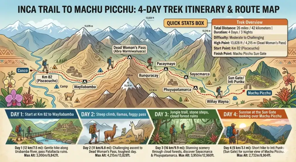 Inca Trail from Cusco 4-day itinerary and quick trekking stats layout.