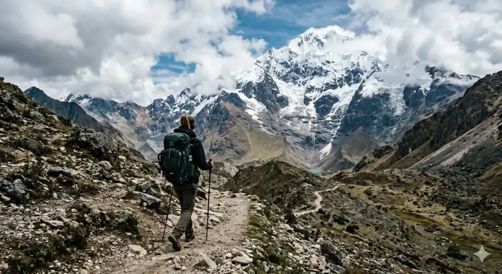 Hiker walking towards Mount Salkantay pass in Cusco Peru