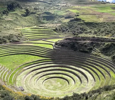Photo of Moray archaeological terraces in Peru with concentric circular levels used as an Inca agricultural laboratory.